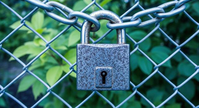 Security padlock and chain securing a chain-link fence, symbolizing protection, privacy, and restricted access in a blurred nature setting photo