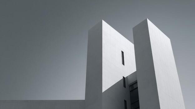 Architectural Minimalism Modern White Building Against Clear Sky in a Striking Monochromatic Composition, Showcasing Geometric Design and Clean Lines photo