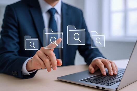 Businessman Navigating Digital Folders Data Management, Information Retrieval, and File Organization for Efficiency photo