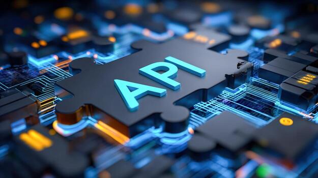 Abstract API Integration Concept with Circuit Board Design and Data Connection Technology Illustration photo