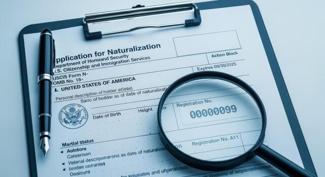 Application for Naturalization Form on Clipboard with Magnifying Glass, Representing Citizenship Process and Immigration Paperwork photo