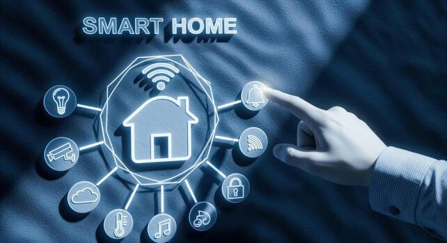 Smart Home Automation Interface with Hand Touching Screen for Intelligent Technology and Modern Lifestyle photo