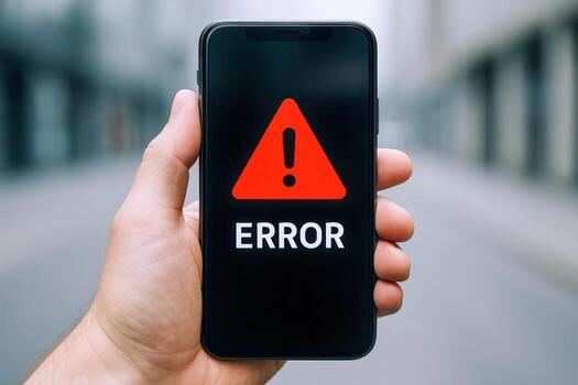 teléfono inteligente mostrando error mensaje con rojo exclamación marca en mano, significando técnico problema foto