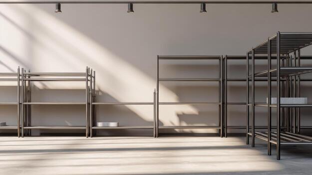Empty Metal Shelving Units in a Well Lit Room, Perfect for Storage or Display Concepts photo