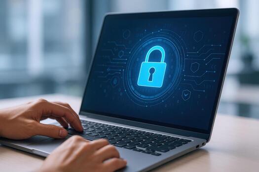 Cybersecurity on Laptop Hands Typing with Padlock Icon for Data Protection and Online Security photo