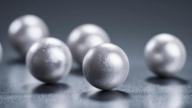 Metallic Spheres Composition Silver Balls on Dark Surface, Close-up Abstract, Reflective Elements photo