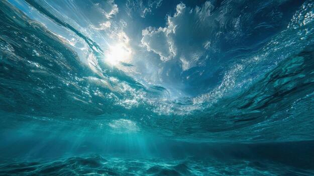 Underwater View of Ocean Surface with Sunlight Piercing Through, Creating Dynamic Water Textures and Patterns photo