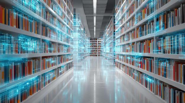 Digital Library Concept with Holographic Data Overlay, Representing Information Technology and Future Learning photo