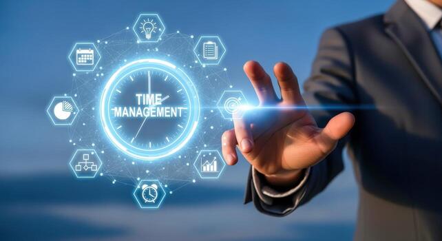 Businessman Activating Time Management Interface Optimizing Productivity and Efficiency for Business Success in Digital Era photo