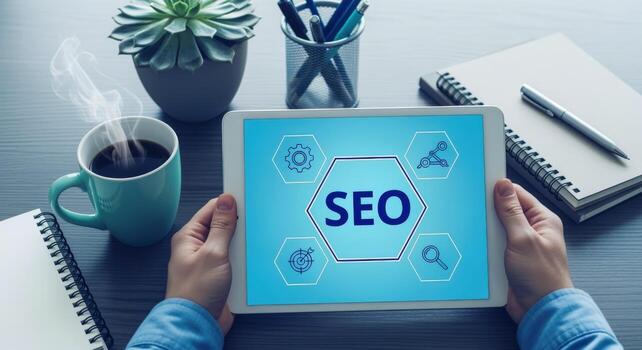 SEO Strategy Displayed on Tablet with Coffee and Notebooks for Digital Marketing Concepts photo