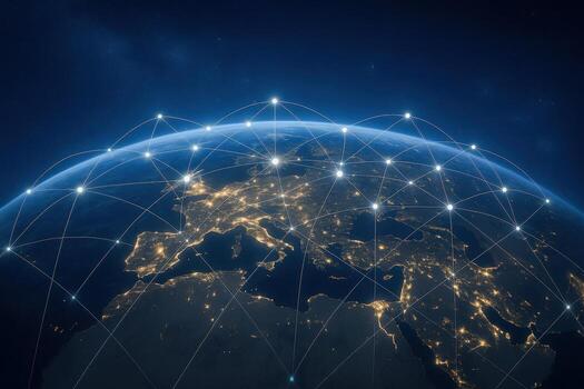 Global Network Connecting Europe and Asia High-Tech Visualization of Interconnected Systems, Data Flow and Communication photo