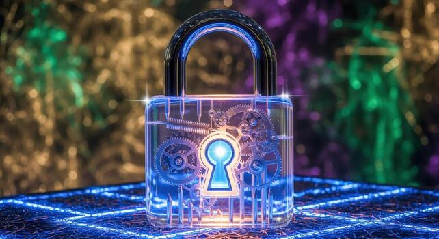 Cybersecurity Lock with Gears, Futuristic Technology Concept for Data Protection and Digital Safety in Blue Tone photo