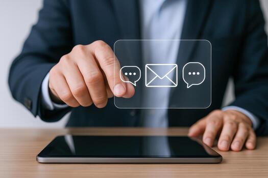 Man Interacting with Digital Communication Interface Representing Email and Chat, Enhancing Connectivity and Workflow photo