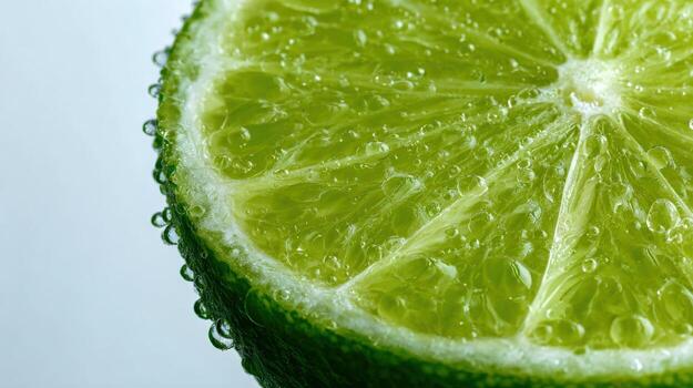 Close-up of a Fresh and Juicy Lime Slice with Water Droplets against a White Background photo