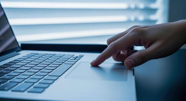Human Finger Touching the Touchpad of a Silver Laptop Computer for Navigation and Control photo