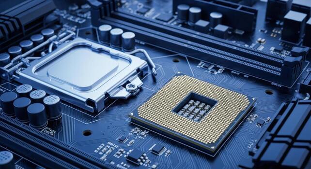 Close-up of a Central Processing Unit CPU Socket on a Modern Motherboard, Representing Computer Technology photo