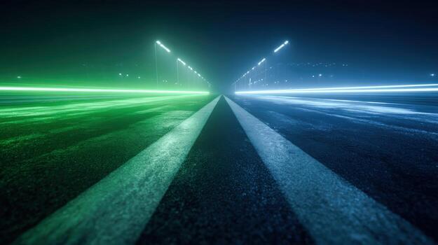 Abstract Highway at Night with Green and Blue Neon Lights Guiding the Path Forward photo