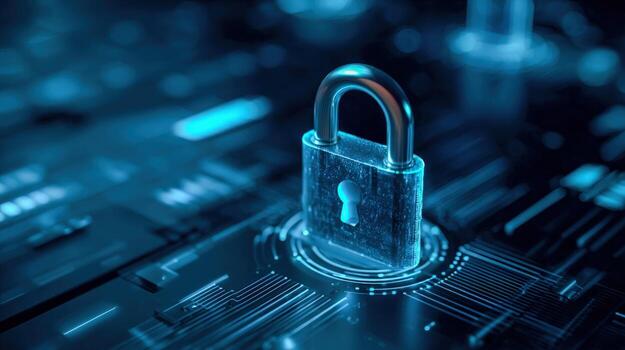 Cybersecurity Concept Padlock Symbolizing Data Protection on a Futuristic Circuit Board in Blue Tones photo