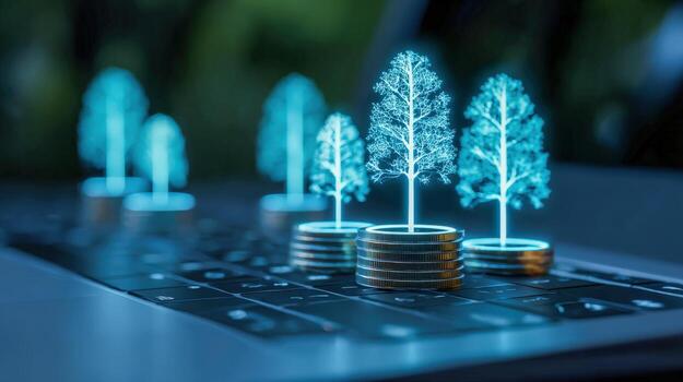 Digital Finance Growth Concept Glowing Tree Sprouts from Stacks of Coins on Laptop Keyboard photo