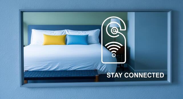 Stay Connected Modern Hotel Room Mirror Displaying WiFi Connectivity and Do Not Disturb Sign photo