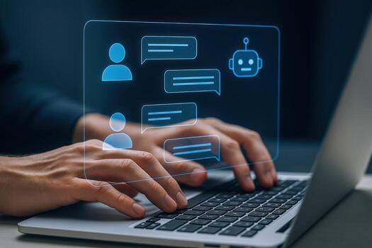 AI Chatbot Interface Concept Hands Typing on Laptop with Virtual Assistant Overlay for Modern Communication photo