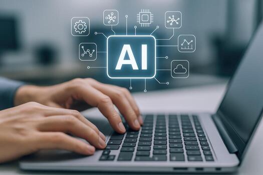 ai tecnología interfaz manos mecanografía en ordenador portátil con artificial inteligencia digital cubrir para futuro negocio foto