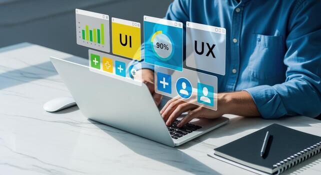 UIUX Designer Working on Laptop, Creating Innovative Interface and User Experience Solutions for Digital Products photo