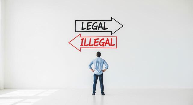Man Deciding Between Legal And Illegal Paths Forward, Business Ethics and Compliance Concept, White Background photo