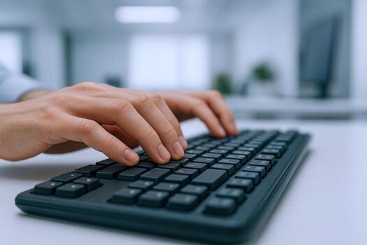 Hands Typing on a Black Computer Keyboard in an Office Setting, Business Technology photo