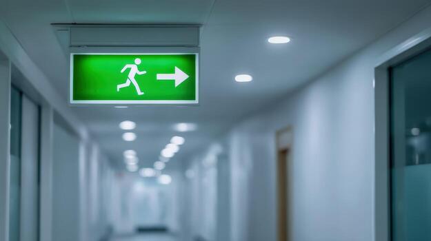 iluminado emergencia salida firmar en moderno edificio corredor estrella de guía evacuación camino foto