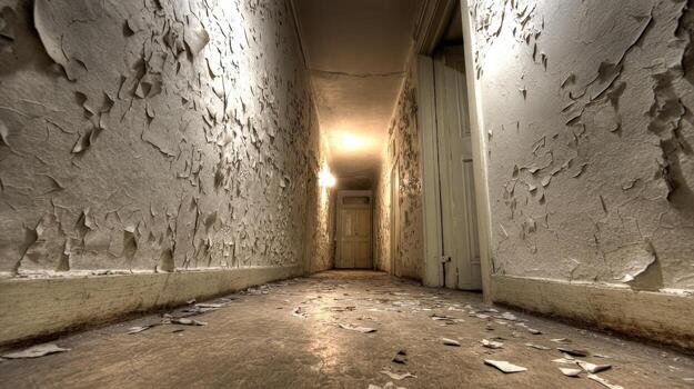 Dimly Lit Abandoned Hallway with Peeling Paint and Weathered Texture, Evoking Decay and Neglect photo