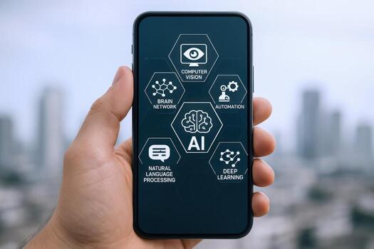 Artificial Intelligence on Smartphone Modern Technology with Computer Vision, Neural Networks, Automation, Natural Language Processing, Deep Learning photo