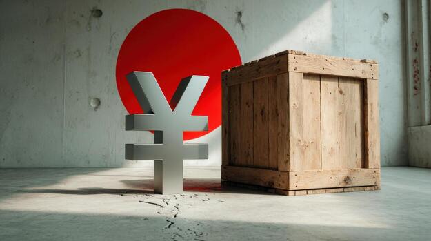 Yen Symbol Beside Crate Against Japanese Flag Financial Theme with Concrete Background for Business Concepts photo