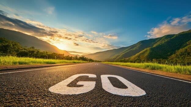 Asphalt Road Leading to Mountains with the Word GO, representing motivation, success, and determination photo