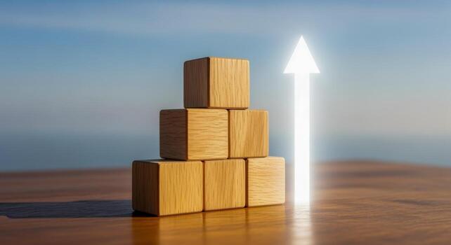 Wooden Blocks Arranged in Pyramid Shape with Glowing Arrow, Symbolizing Growth, Progress, and Achievement photo