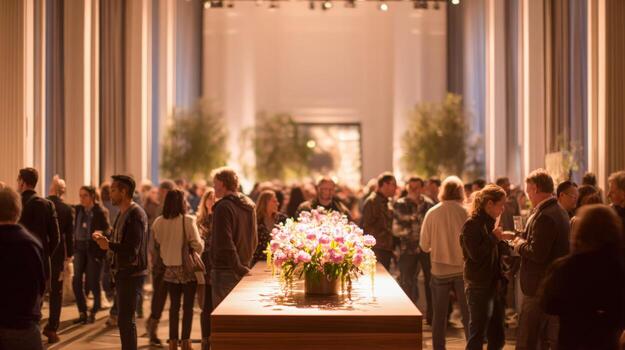 Elegant Gathering Softly Lit Event Space with People, Floral Centerpiece, and Modern Architecture photo