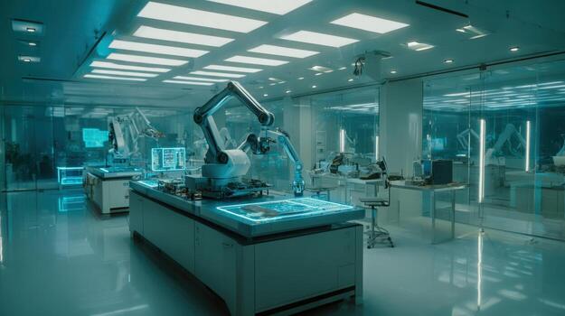 Advanced Robotics Lab with Robotic Arm, Futuristic Technology and High-Tech Equipment for Research and Experimentation photo