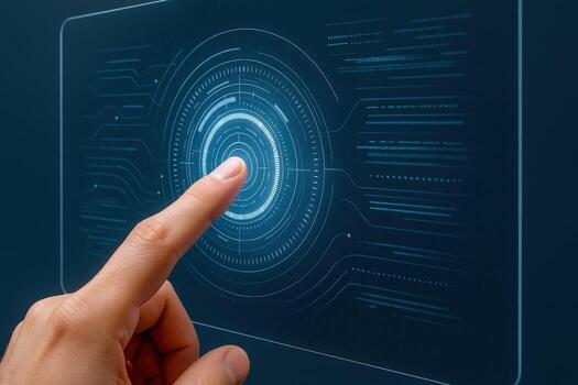 Finger Touching Interactive Digital Display Screen with Futuristic Interface and Technological Elements photo