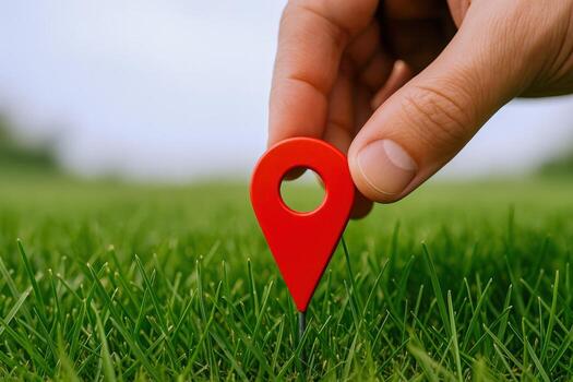 Red Location Pin on Green Grass Held by a Hand, Emphasizing Navigation and Positioning photo