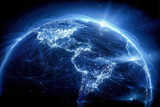 Global Connectivity Abstract Illustration Worldwide Network Visualization with Digital Data Transmission and Telecommunications Infrastructure photo