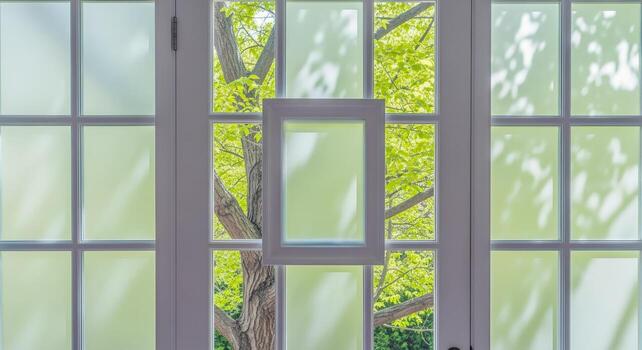 Window View of Lush Green Tree Serene Interior Design Element with Natural Light photo