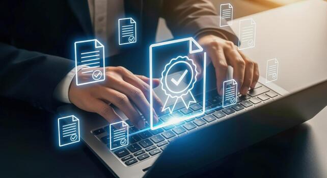 Person using Laptop with Digital Compliance Overlay Quality Assurance, ISO Certification and Standards photo