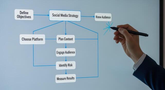 Social Media Strategy Flowchart Planning, Engagement, and Risk Management for Online Success Visualization photo
