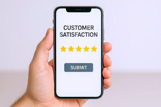 mano participación teléfono inteligente mostrando cliente satisfacción encuesta con cuatro estrella clasificación y enviar botón foto