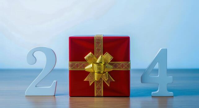 Advent Calendar Countdown Festive Red Gift Box with Golden Ribbon, Numbers 2 and 4 photo