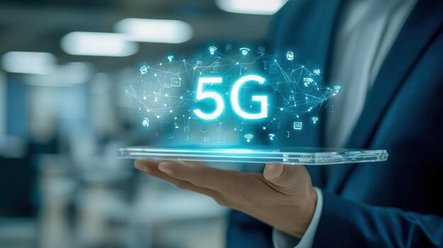 5G Technology Displayed on Tablet Held by Businessman, Connecting Digital Network and Communication for Future photo