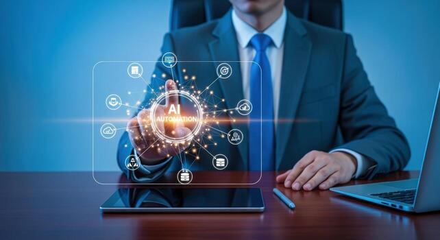 Businessman Using AI Technology on Virtual Screen Innovation, Automation, and Digital Transformation Concept photo