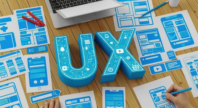 UX Design Process on Wooden Desk with Laptop, Sketches, and Hands Working on Mockups photo