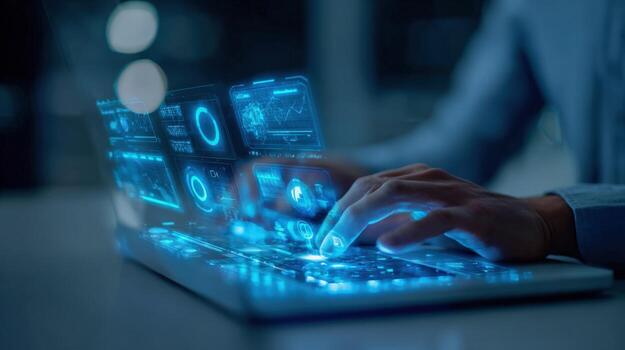 Futuristic Laptop with Glowing UI Display for Data Analysis and Software Development Applications photo
