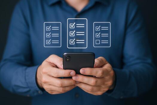Man Holding Smartphone with Digital Checklist Icons, Representing Task Management and Productivity photo